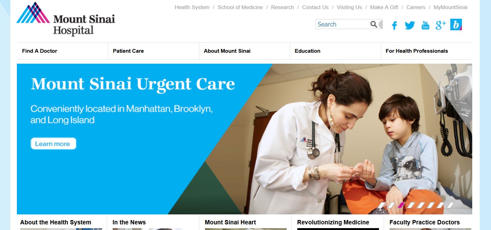 A screenshot of the Mount Sinai homepage from February 2015.