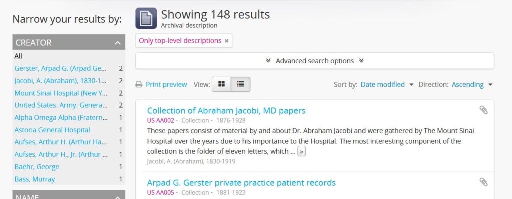 Screenshot of search results showing top-level records in the catalog