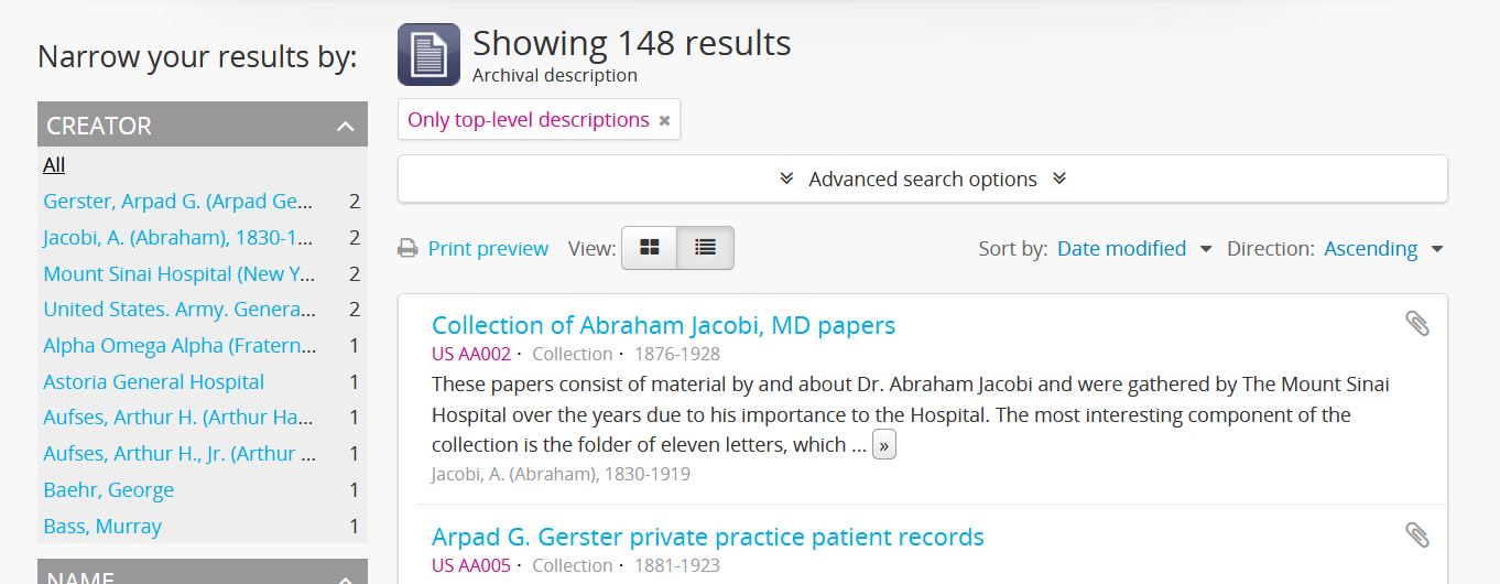 Screenshot of search results showing top-level records in the catalog