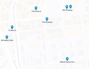Screenshot of a map of the Lower East Side, New York, with pins at each of the Beth Israel locations