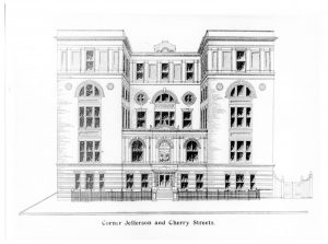 An architectural sketch/elevation of Jefferson and Cherry Streets. It is a five-story stone building.