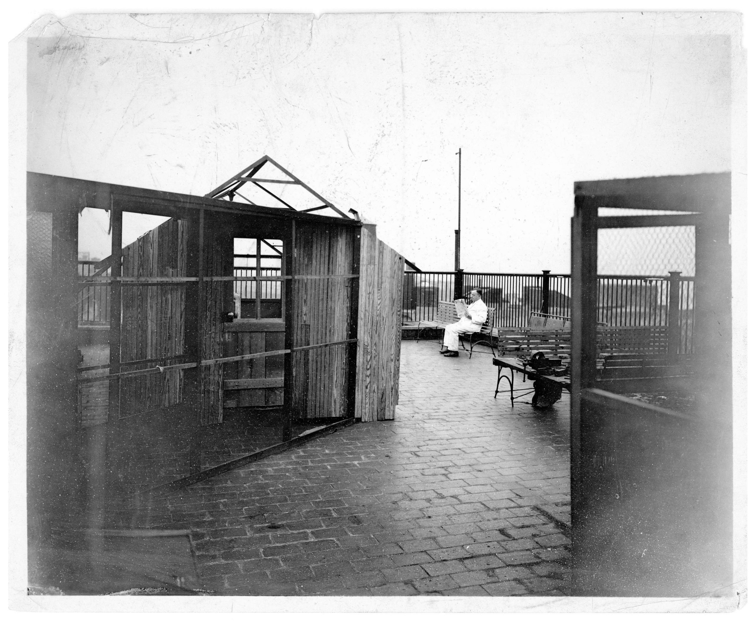Black and white photograph from 1910. The rooftop of the Jefferson and Cherry Streets. In the foreground there is a solarium, a greenhouse like structure with a glass ceiling and wooden walls. In the background, a doctor reads a newspaper.
