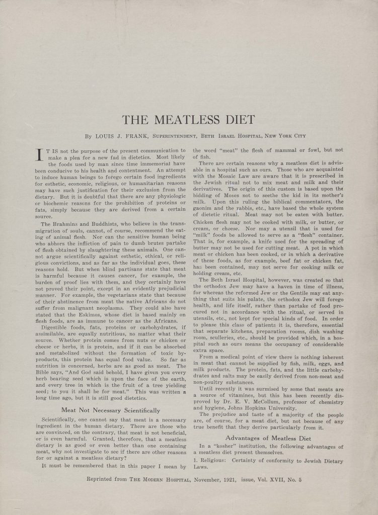 Screenshot of first page of article titled "The Meatless Diet"