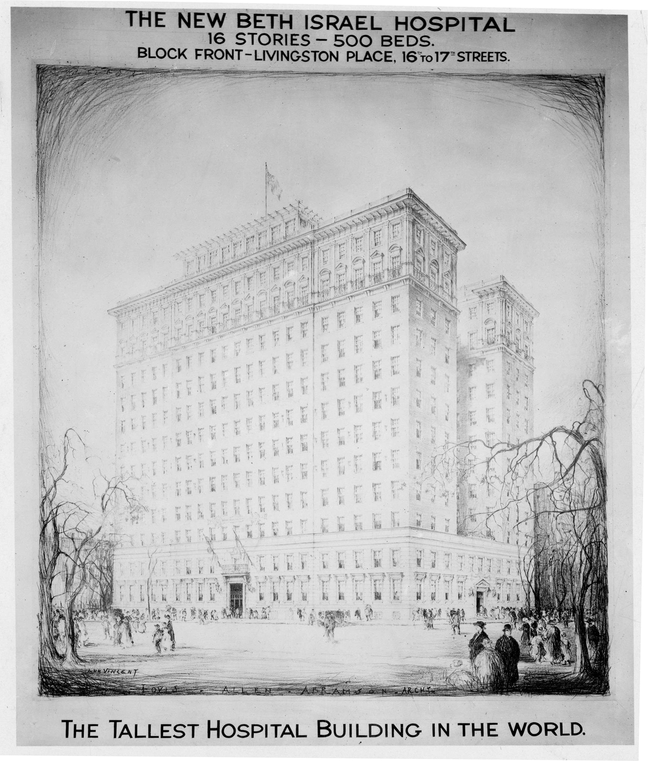 Flyer with sketch of 16-story building with text that reads: "The New Beth Israel Hospital, 16 Stories, 500 Beds, Block Front, Livingston Place, 16th-17th Streets, the Tallest Hospital Building in the World" 